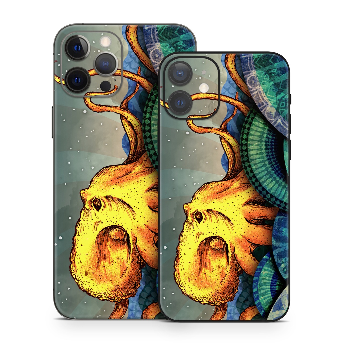 iPhone 12 Series Skin design of Illustration, Fractal art, Art, Cg artwork, Sky, Organism, Psychedelic art, Graphic design, Graphics, Octopus, with black, gray, blue, green, red colors