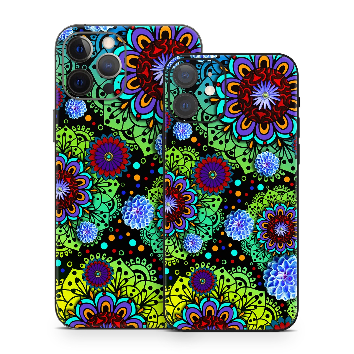 iPhone 12 Series Skin design of Pattern, Psychedelic art, Design, Flower, Art, Visual arts, Floral design, Plant, Textile, Symmetry, with black, blue, green, purple colors
