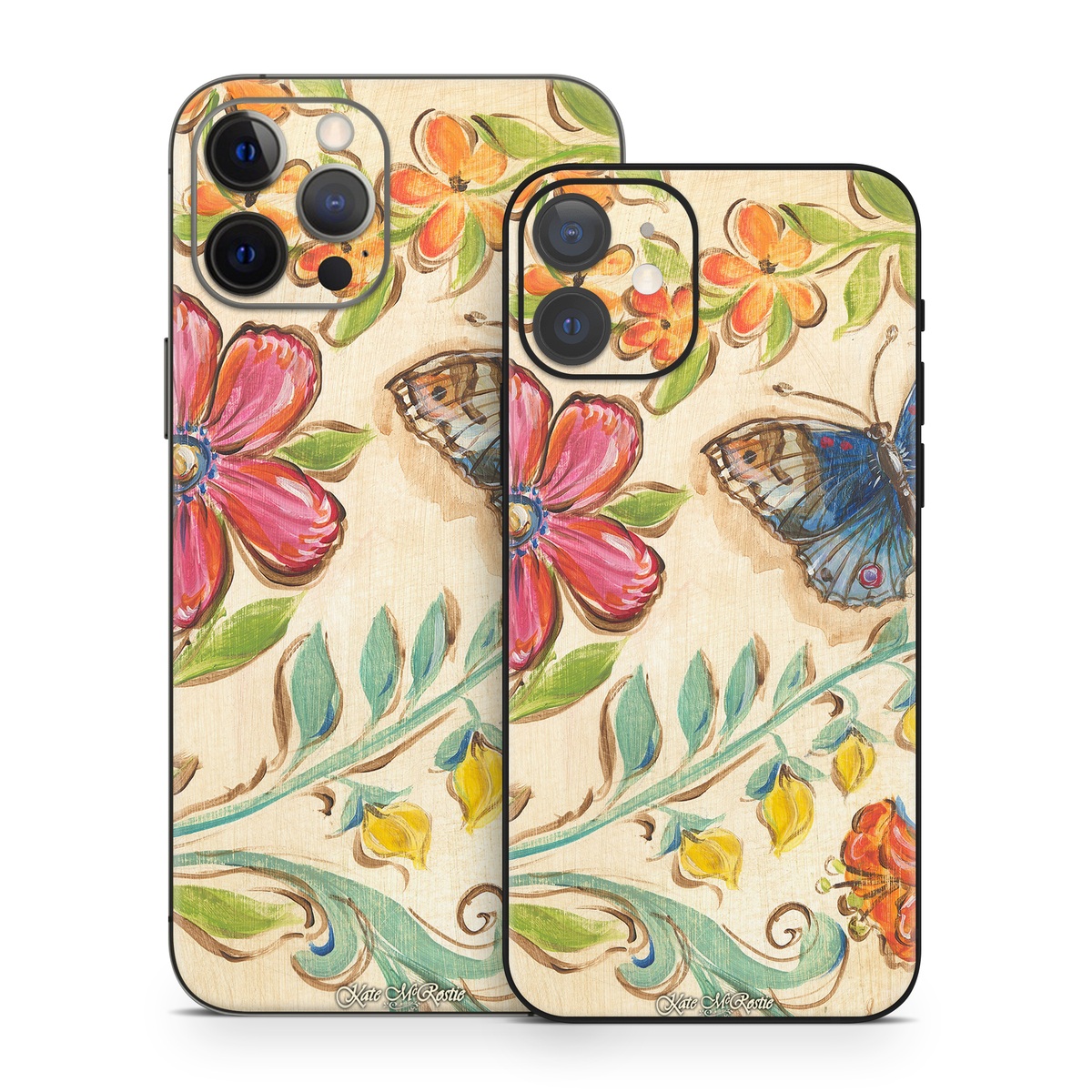 iPhone 12 Series Skin design of Butterfly, Moths and butterflies, Insect, Pollinator, Plant, Pattern, Watercolor paint, Wildflower, Visual arts, Brush-footed butterfly, with gray, pink, green, red, orange, blue colors