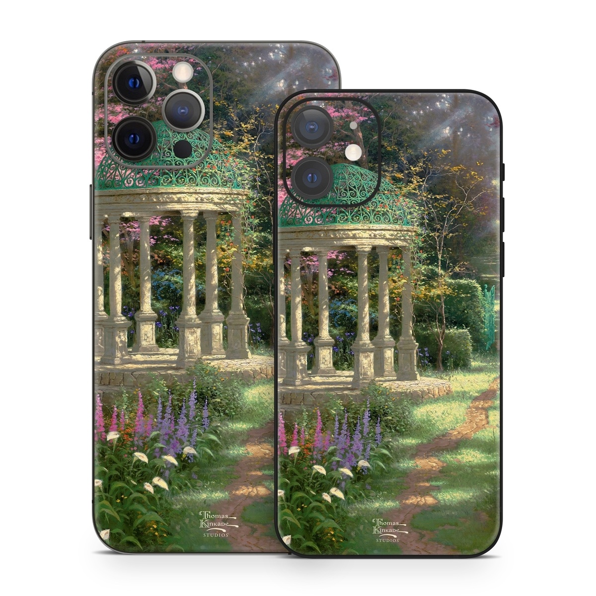iPhone 12 Series Skin design of Nature, Natural landscape, Tree, Botany, Water, Garden, Gazebo, Spring, Plant, Reflection, with black, gray, green, red, purple colors