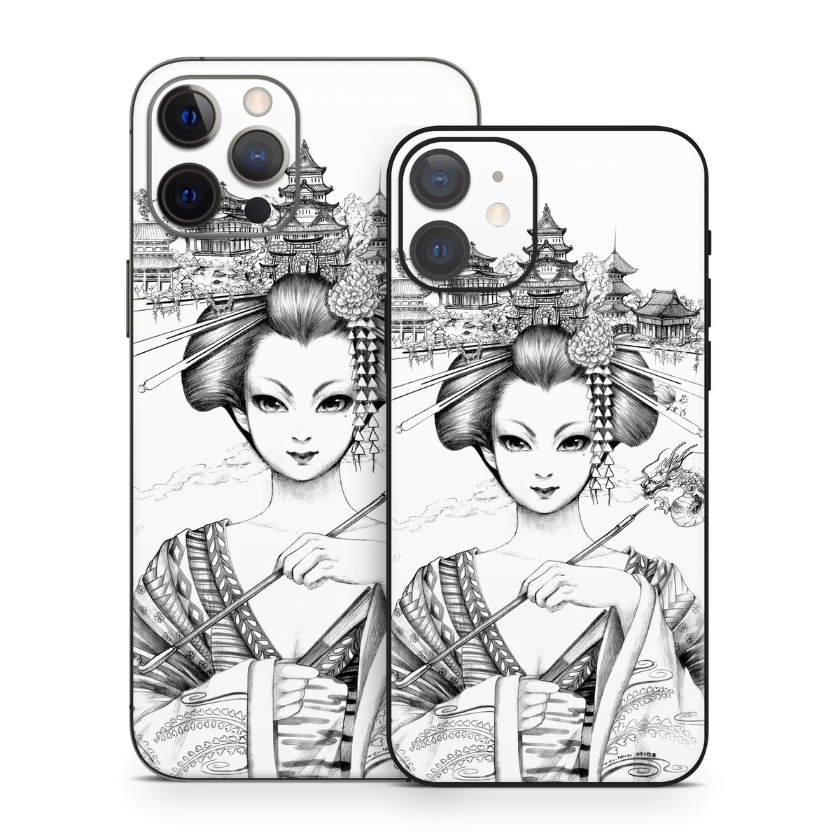 iPhone 12 Series Skin design of Illustration, Head, Hairstyle, Line art, Art, Fashion illustration, Drawing, Coloring book, Black-and-white, Clip art, with black, white, gray colors