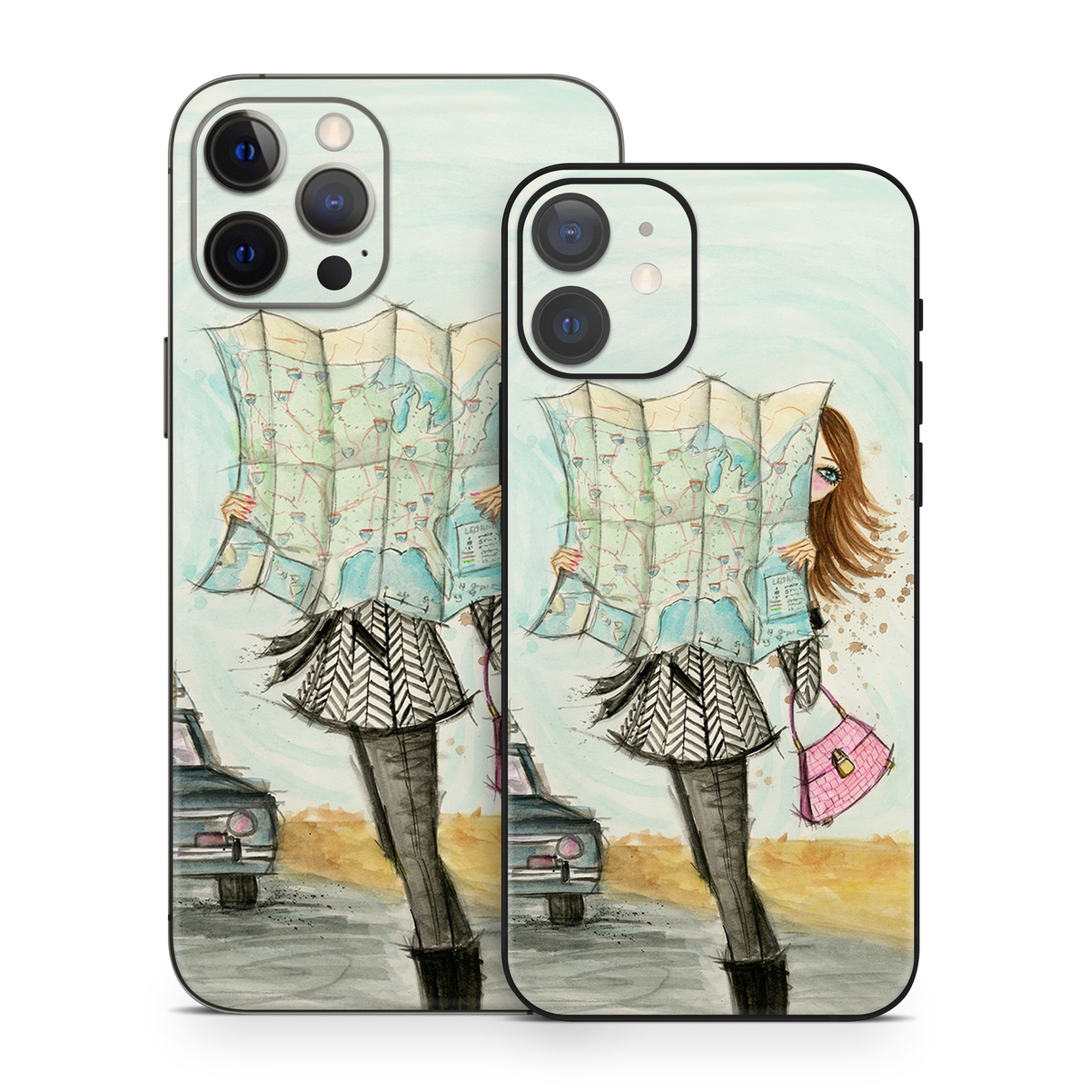iPhone 12 Series Skin design of Fashion illustration, Sketch, Watercolor paint, Illustration, Drawing, Art, Footwear, Vehicle, Painting, Fashion design, with blue, black, gray, white, pink, brown, green, orange, yellow colors