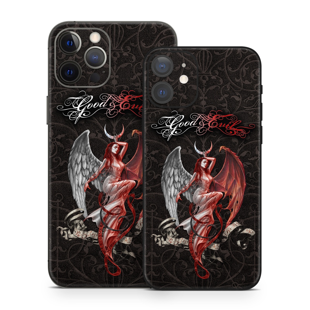 iPhone 12 Series Skin design of Illustration, Fictional character, Graphic design, Supernatural creature, Demon, Cg artwork, Art, Mythology, Angel, Wing, with black, white, red colors