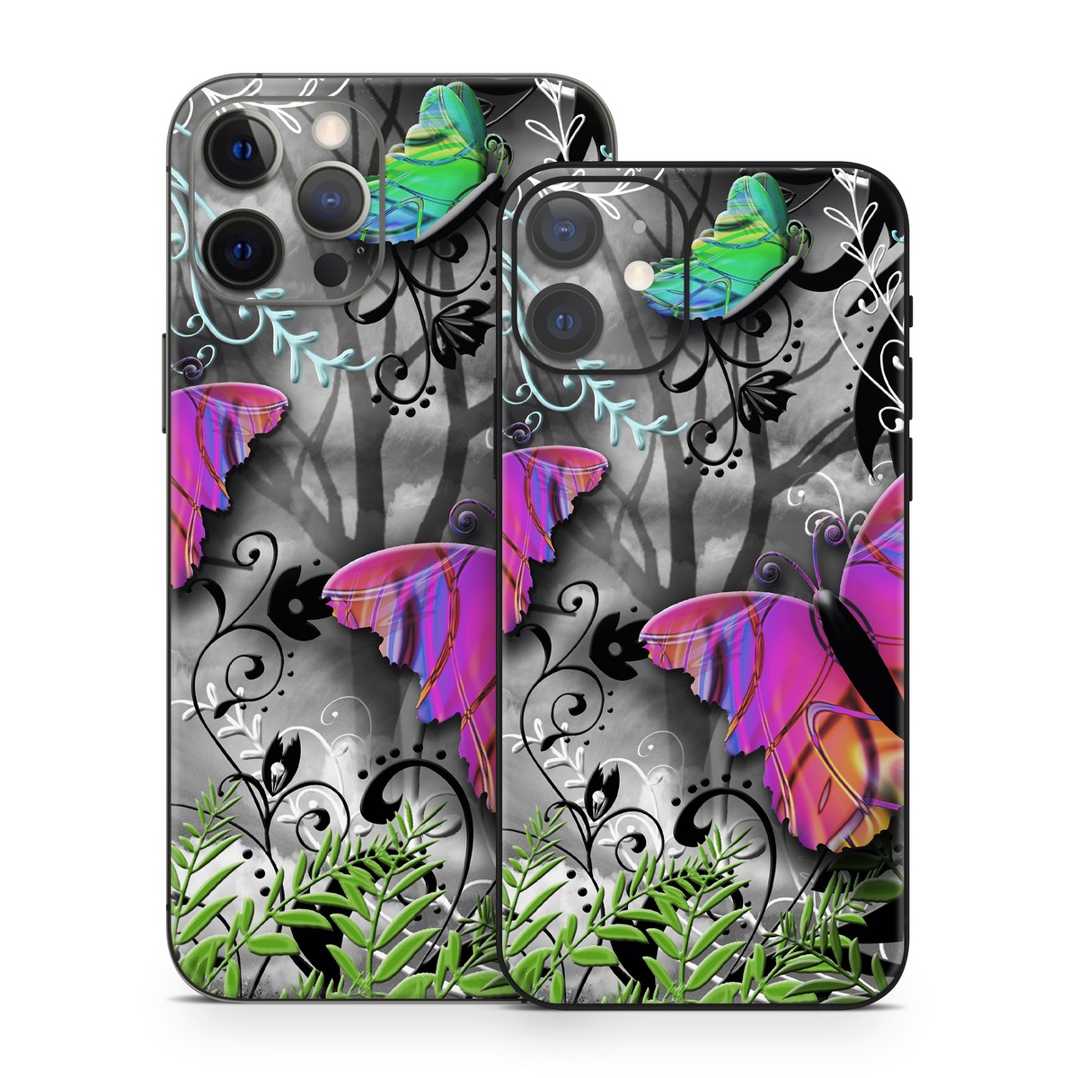 iPhone 12 Series Skin design of Butterfly, Pink, Purple, Violet, Organism, Spring, Moths and butterflies, Botany, Plant, Leaf, with black, gray, green, purple, red colors