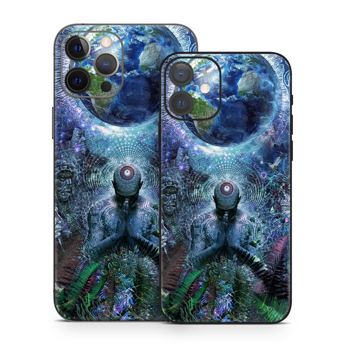 iPhone 12 Series Skin design of Psychedelic art, Fractal art, Art, Space, Organism, Earth, Sphere, Graphic design, Circle, Graphics, with blue, green, gray, purple, pink, black, white colors
