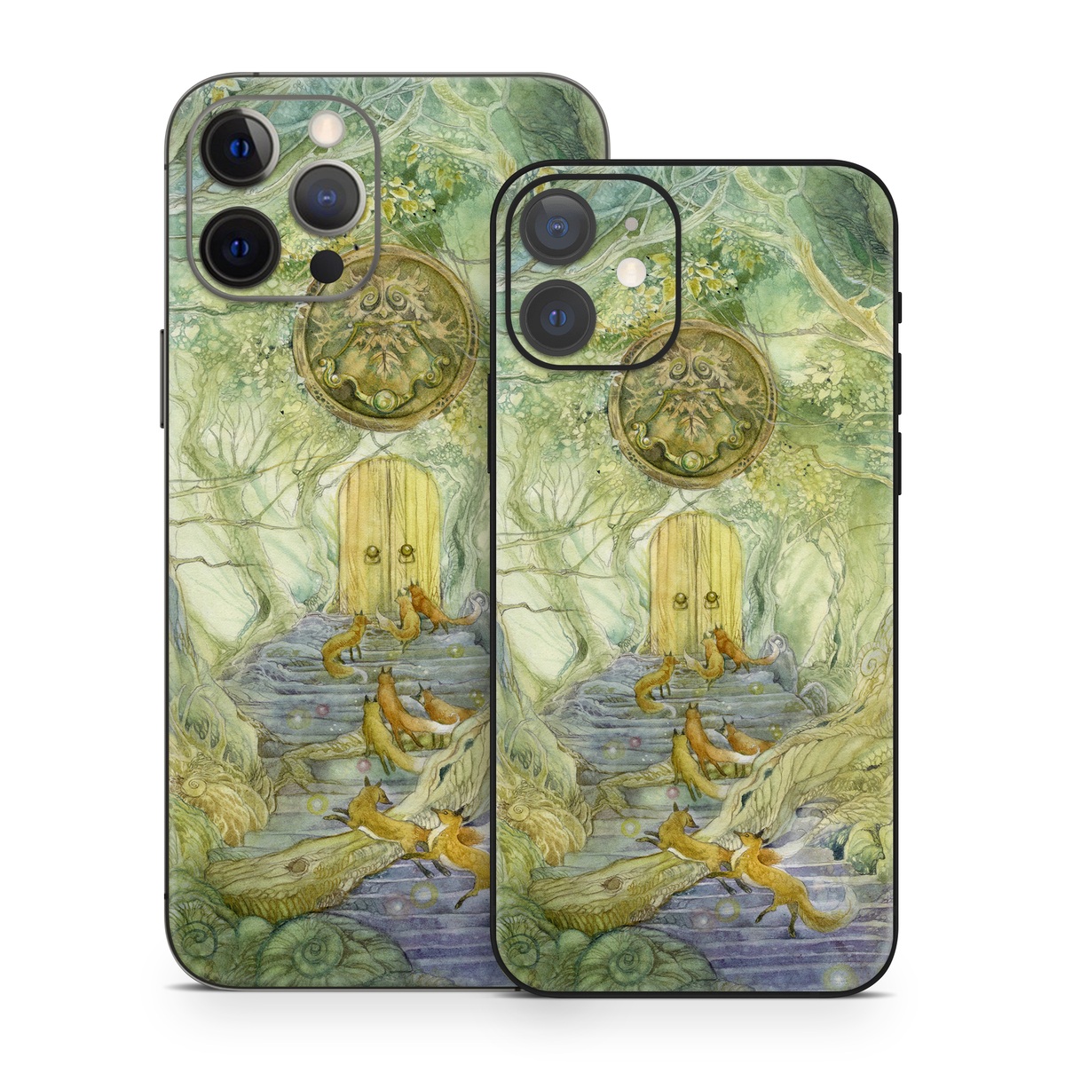 iPhone 12 Series Skin design of Painting, Art, Mythology, Visual arts, Watercolor paint, Organism, Fictional character, Modern art, Landscape, Acrylic paint, with green, brown, red, yellow, blue, purple colors