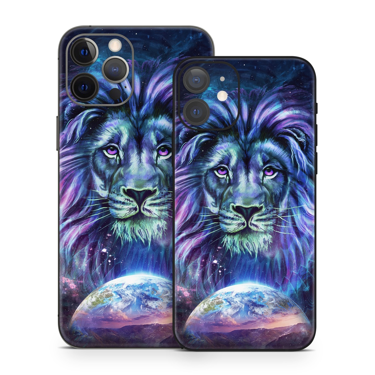 iPhone 12 Series Skin design of Lion, Felidae, Purple, Wildlife, Big cats, Illustration, Darkness, Space, Painting, Art, with purple, blue, green, black, white, red colors