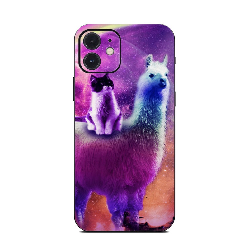 iPhone 12 Skin design of Llama, Purple, Camelid, Alpaca, Sky, Livestock, Space, with purple, white, blue, pink, yellow, black colors