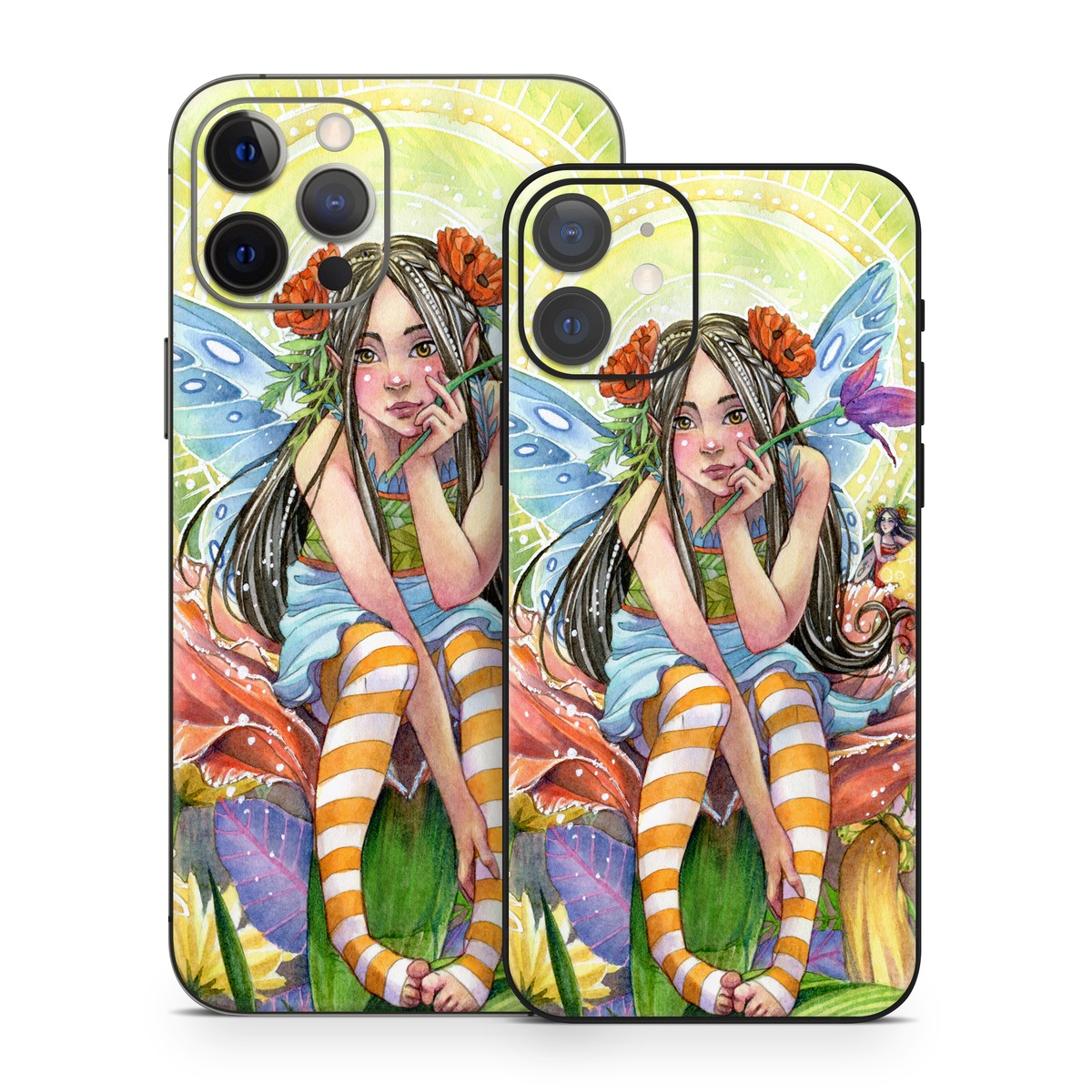 iPhone 12 Series Skin design of Fictional character, Illustration, Art, Plant, Painting, Wildflower, Mythical creature, with gray, green, black, yellow, red colors