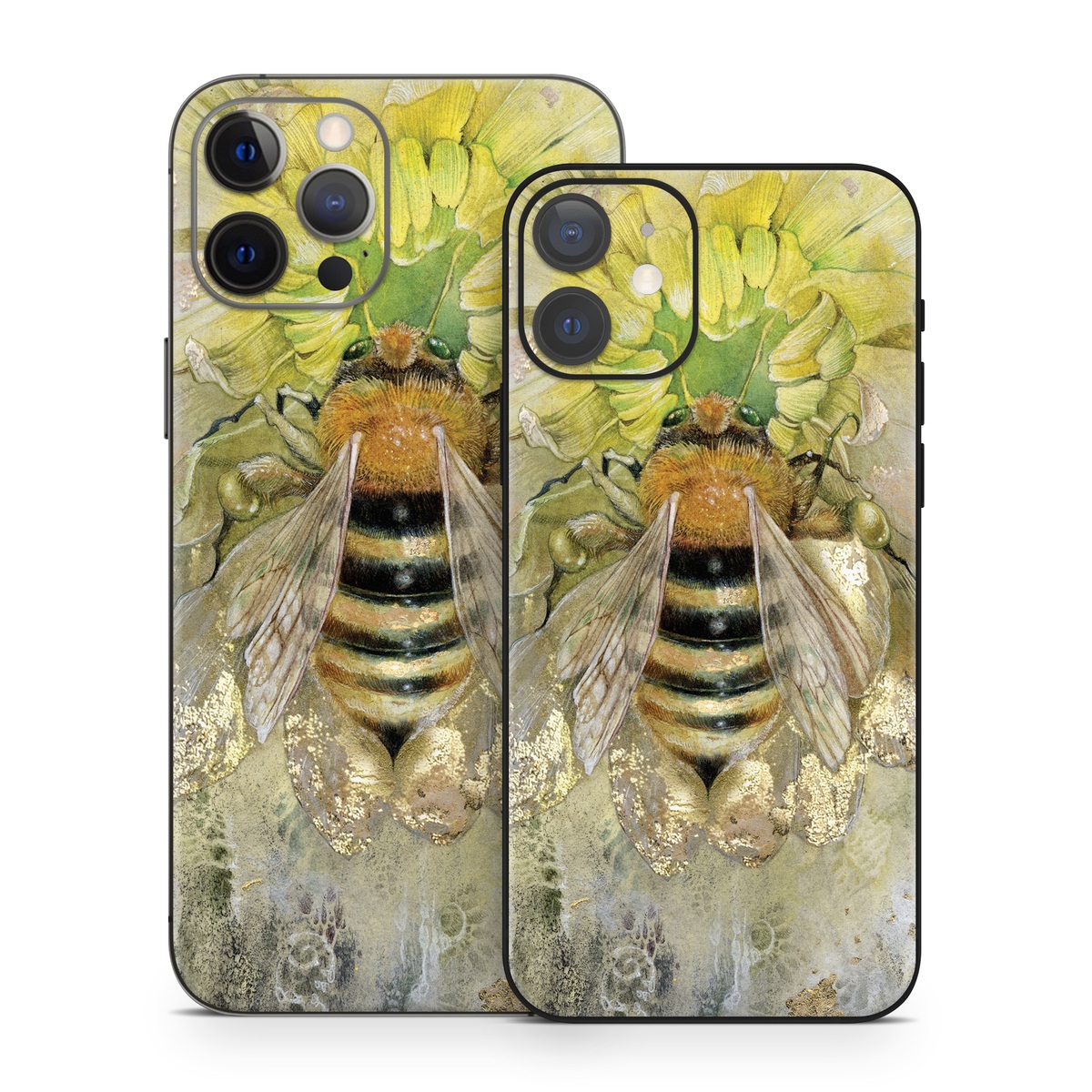 iPhone 12 Series Skin design of Honeybee, Insect, Bee, Membrane-winged insect, Invertebrate, Pest, Watercolor paint, Pollinator, Illustration, Organism, with yellow, orange, black, green, gray, pink colors