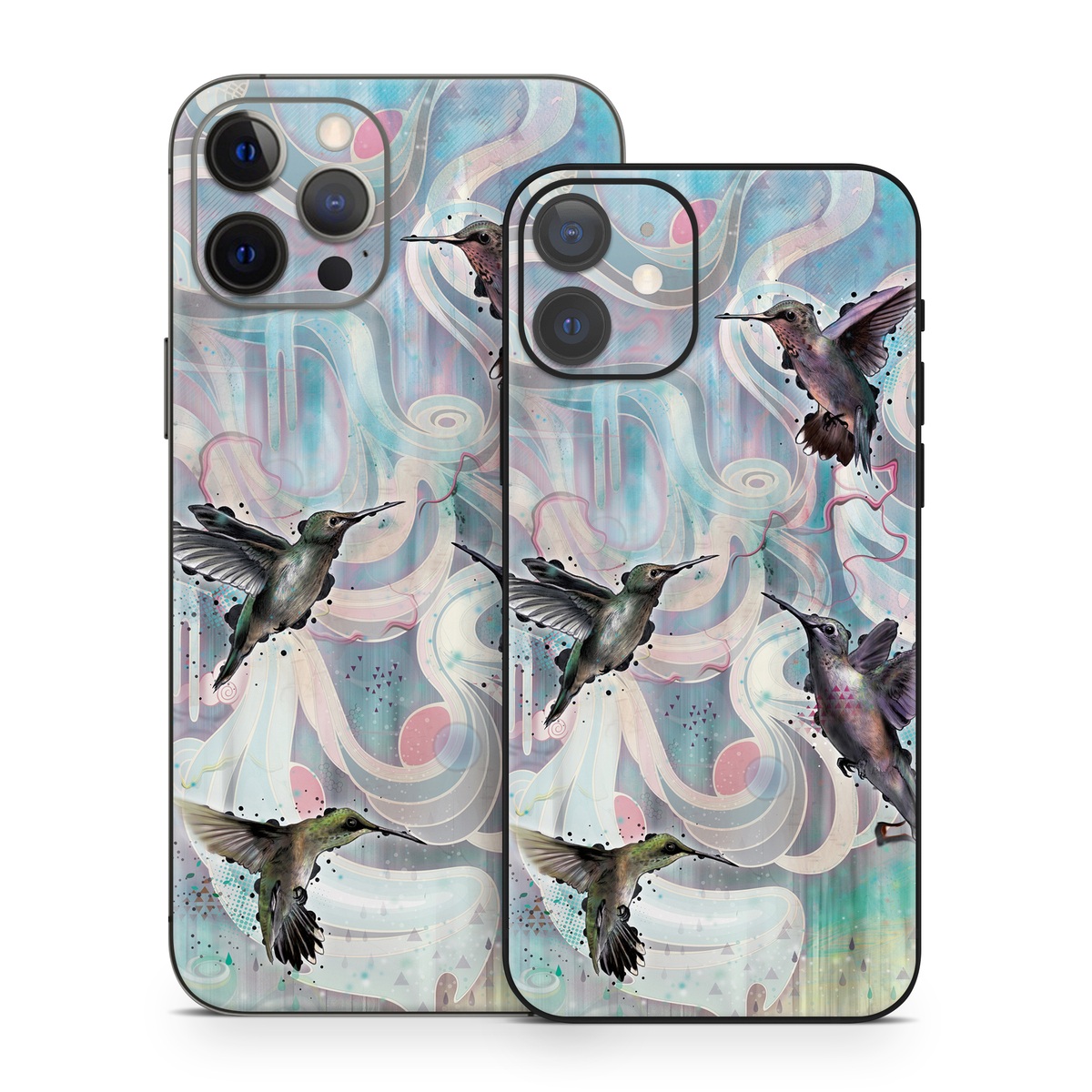 iPhone 12 Series Skin design of Bird, Watercolor paint, Illustration, Hummingbird, Painting, Art, Wing, Fictional character, Acrylic paint, Perching bird, with gray, blue, black colors