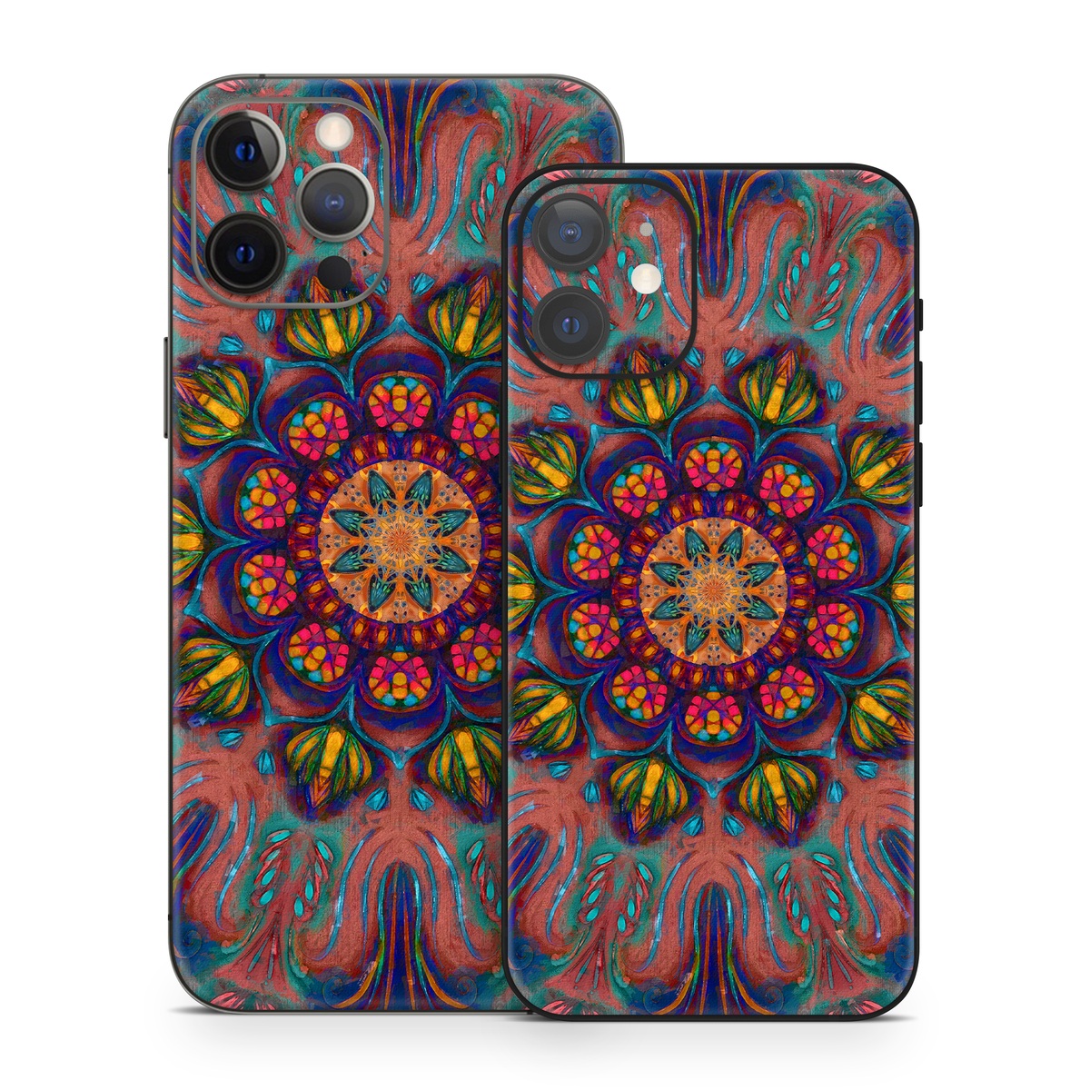iPhone 12 Series Skin design of Psychedelic art, Pattern, Art, Textile, Symmetry, Visual arts, Design, Fractal art, Kaleidoscope, Tapestry, with blue, yellow, red, green, pink, green colors