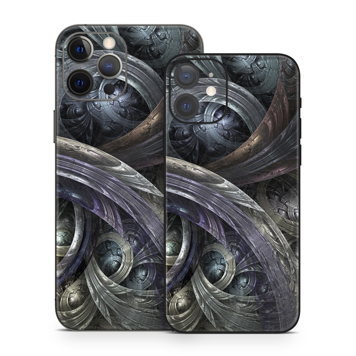 iPhone 12 Series Skin design of Fractal art, Graphic design, Art, Cg artwork, Darkness, Circle, Pattern, Illustration, Graphics, Metal, with black, gray, blue colors