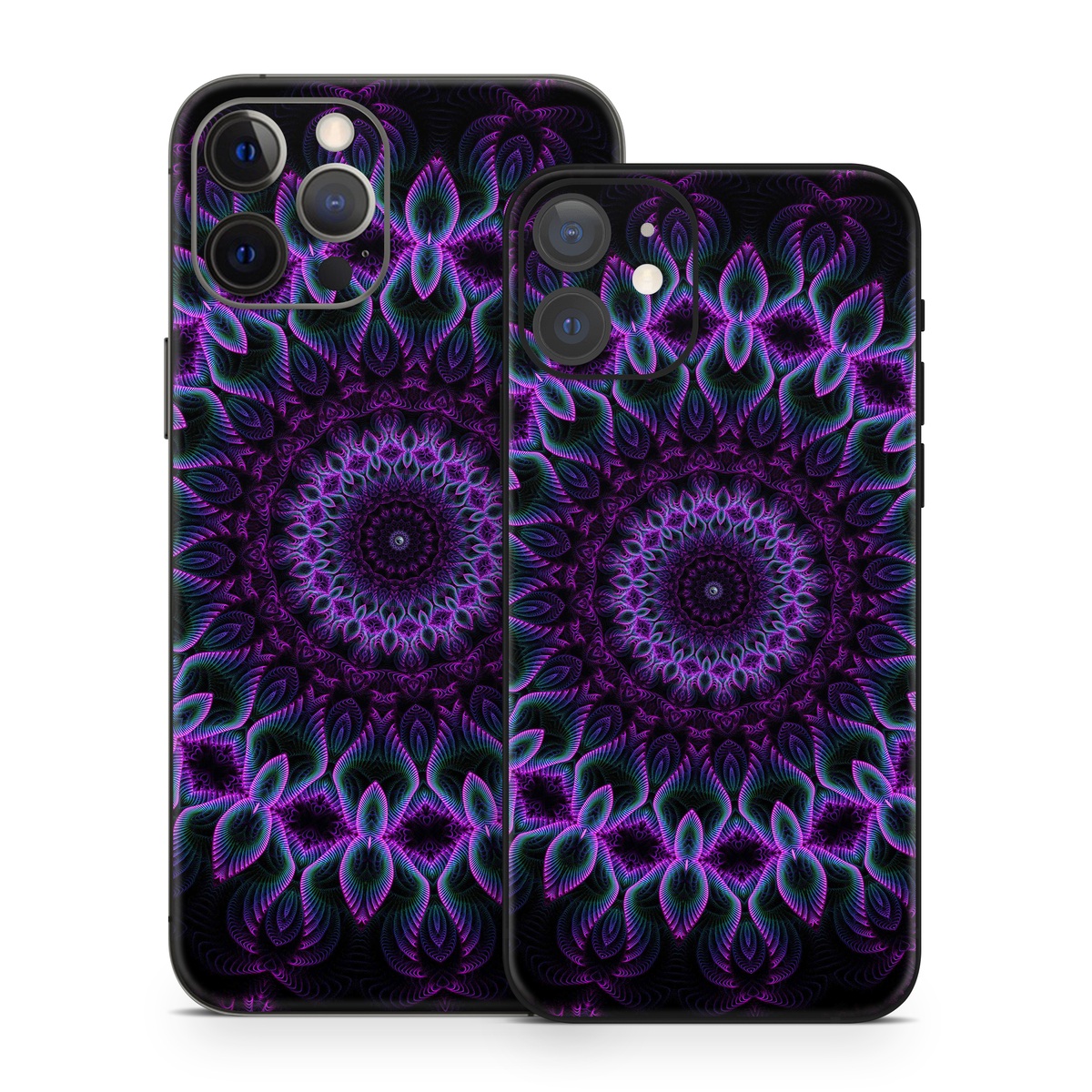 iPhone 12 Series Skin design of Colorfulness, Pattern, Purple, Violet, Magenta, Red, Pink, Art, Fractal Art, Visual Arts, Design, Circle, Symmetry, Psychedelic Art, Motif, Kaleidoscope, Graphics, with black, purple, blue, white colors