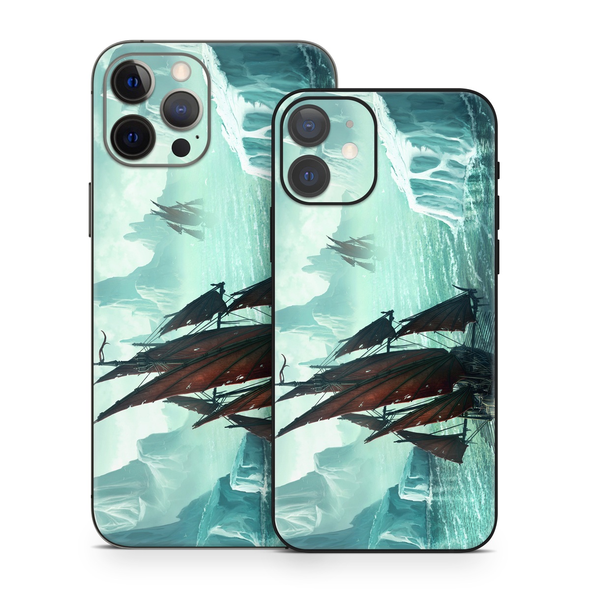 iPhone 12 Series Skin design of Cg artwork, Vehicle, Ghost ship, Manila galleon, Fluyt, Adventure game, First-rate, Sailing ship, Mythology, Strategy video game, with gray, black, blue, green, white colors