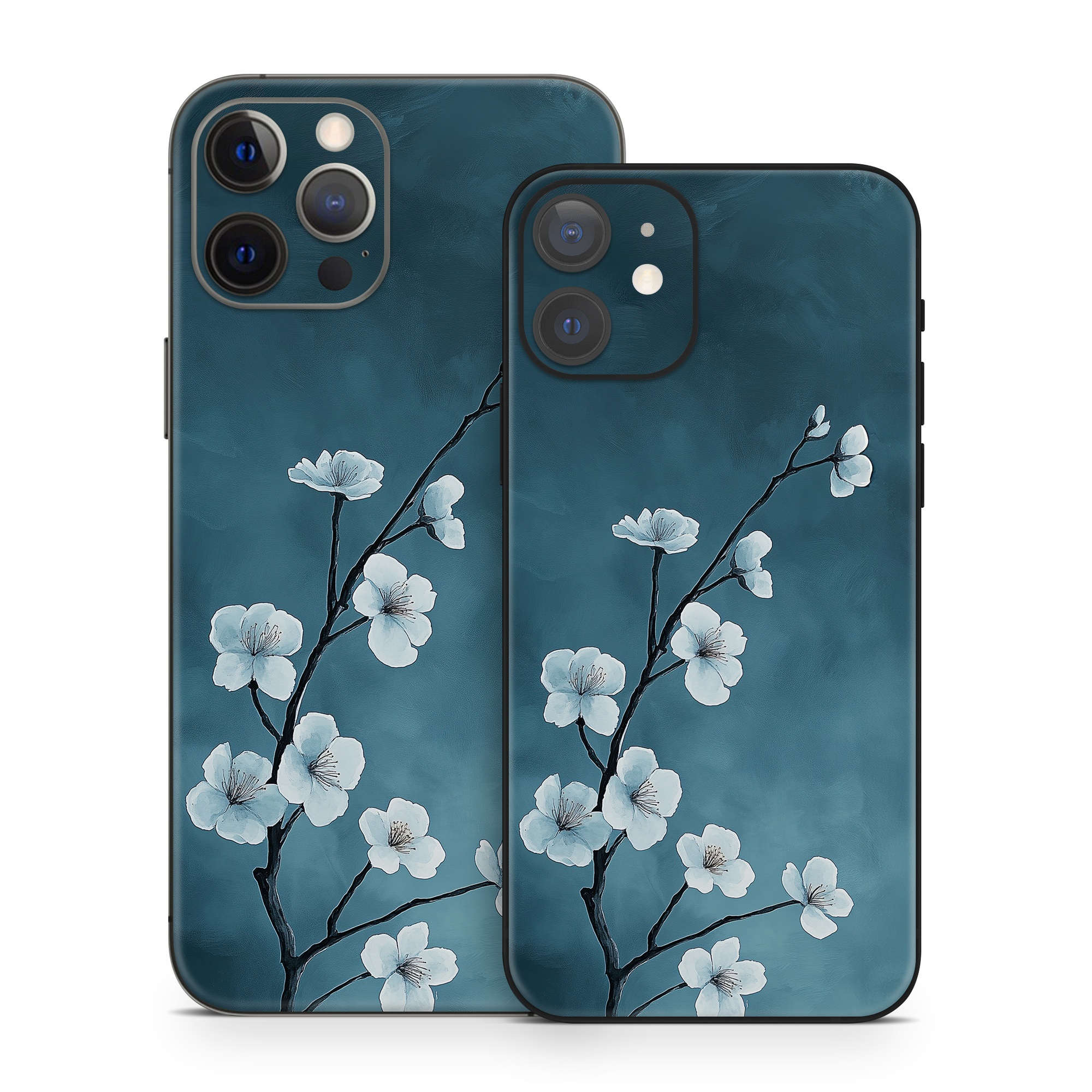 iPhone 12 Series Skin design of Flower, Nature, Petal, Branch, Twig, Sky, Flowering plant, Cloud, Blossom, Tree, with black, blue, white, gray colors
