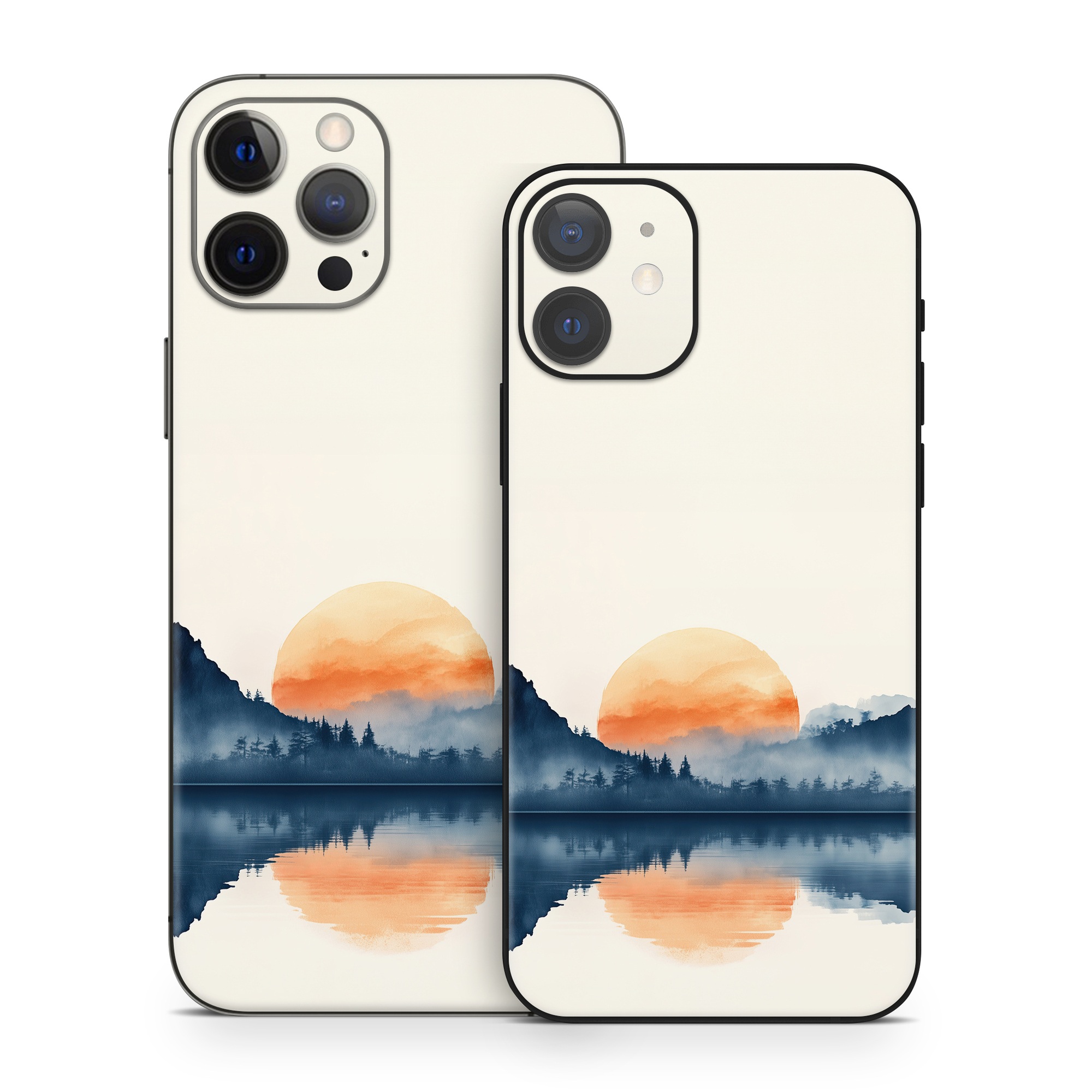 iPhone 12 Series Skin design of Water, Water resources, Sky, Mountain, Natural landscape, Lake, Atmospheric phenomenon, Landscape, Horizon, Afterglow, with black, blue, white, gray, yellow, orange, red colors