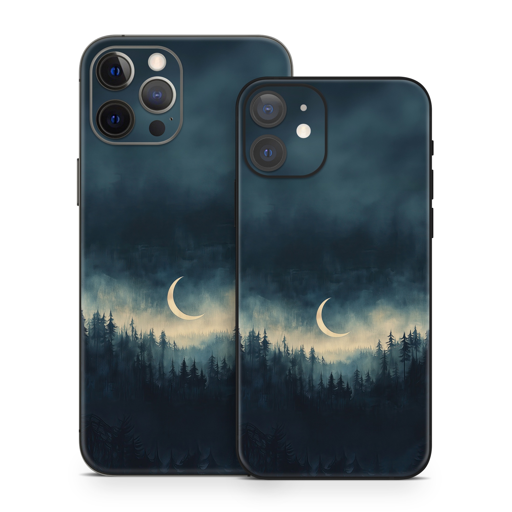 iPhone 12 Series Skin design of Cloud, Sky, Atmosphere, Moon, Ecoregion, Crescent, Natural landscape, Tree, Plant, Dusk, with black, blue, white, gray colors