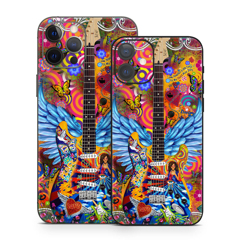 iPhone 12 Series Skin design of Musical instrument, Guitar, Guitar accessory, Textile, Organism, String instrument, Plucked string instruments, String instrument accessory, Art, Font, with red, yellow, orange, pink, black, white, blue, brown, green colors