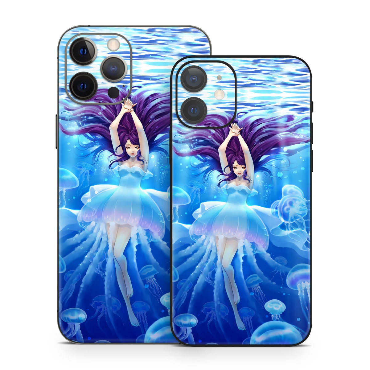 iPhone 12 Series Skin design of Jellyfish, Cnidaria, Organism, Marine biology, Marine invertebrates, Water, Bioluminescence, Illustration, Electric blue, Fictional character, with blue, purple, gray colors
