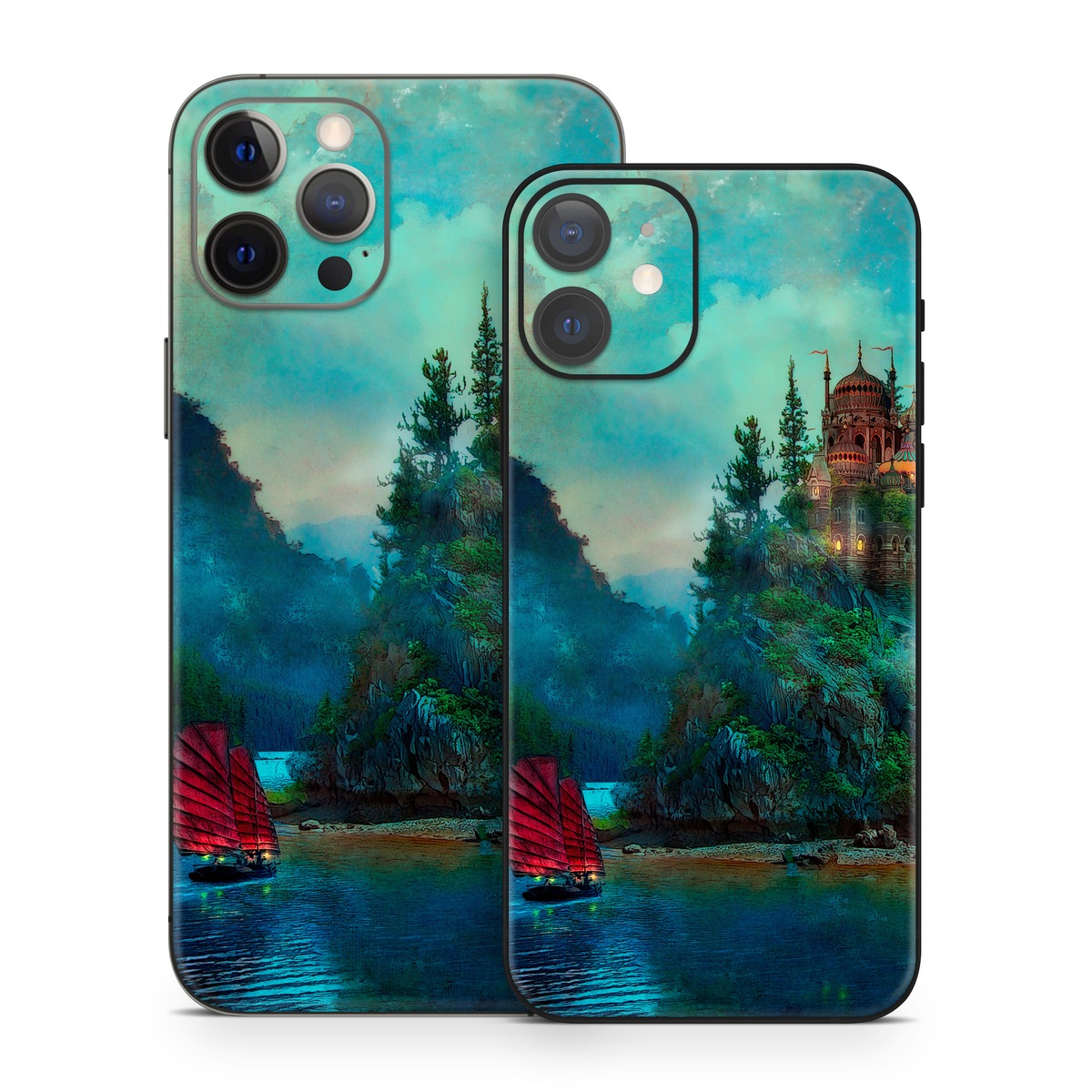 iPhone 12 Series Skin design of Nature, Natural landscape, Sky, Painting, Landscape, Illustration, Watercolor paint, Art, Calm, Water castle, with black, gray, blue, green colors