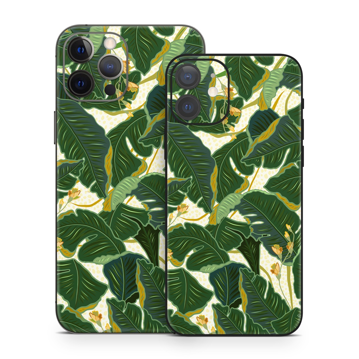 iPhone 12 Series Skin design of Leaf, Plant, Flower, Pattern, Botany, Tree, Design, Flowering plant, Arrowroot family, Terrestrial plant, with green, yellow colors