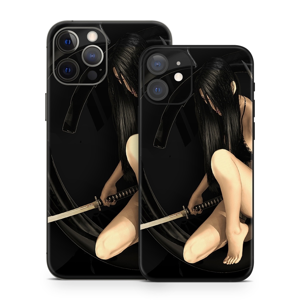 iPhone 12 Series Skin design of Black, Photography, Leg, Black hair, Cg artwork, Darkness, Fetish model, Sitting, Flash photography, with black, yellow, gray, white colors