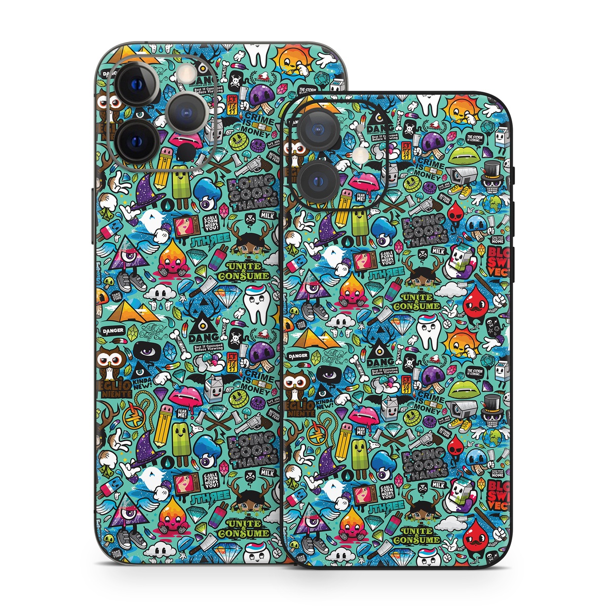 iPhone 12 Series Skin design of Cartoon, Art, Pattern, Design, Illustration, Visual arts, Doodle, Psychedelic art, with black, blue, gray, red, green colors