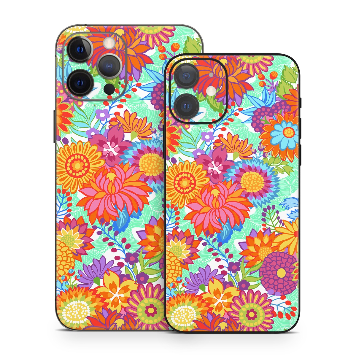 iPhone 12 Series Skin design of Pattern, Floral design, Orange, Flower, Design, Textile, Plant, Wildflower, Wrapping paper, Visual arts, with gray, orange, green, purple colors