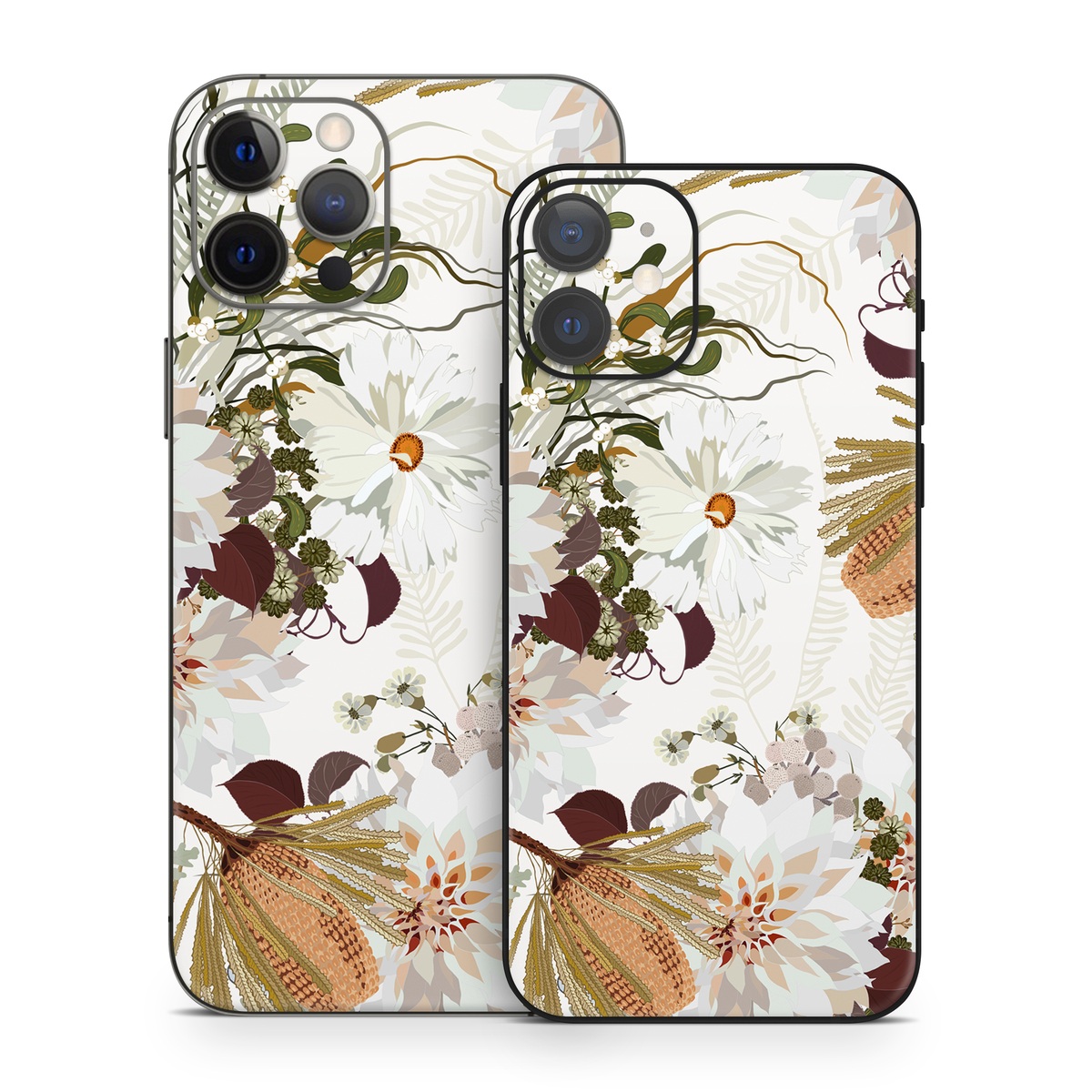 iPhone 12 Series Skin design of Flower, Botany, Plant, Floral design, Wildflower, Pattern, Wallpaper, Textile, Petal, Butterfly, with white, brown, green, gray colors
