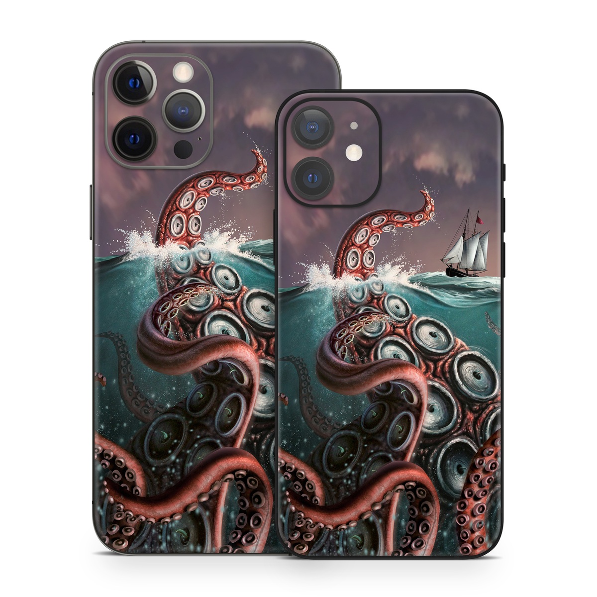 iPhone 12 Skin design of Octopus, Water, Illustration, Wind wave, Sky, Graphic design, Organism, Cephalopod, Cg artwork, giant pacific octopus, with blue, gray, white, brown, red colors