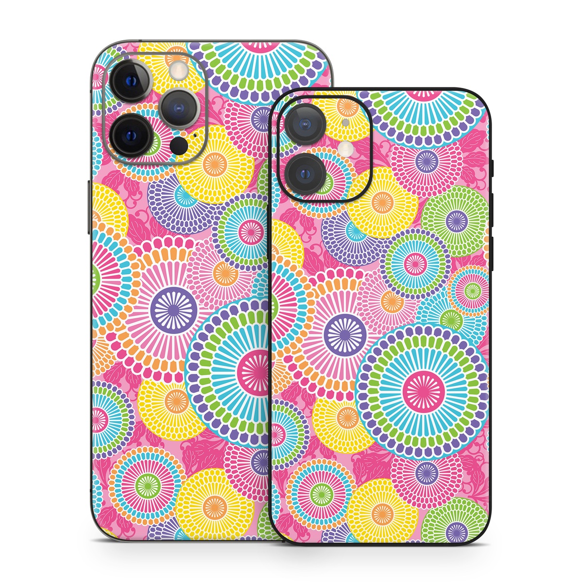 iPhone 12 Series Skin design of Pattern, Circle, Textile, Design, Visual arts, Wrapping paper, with gray, pink, purple, orange, blue, green colors