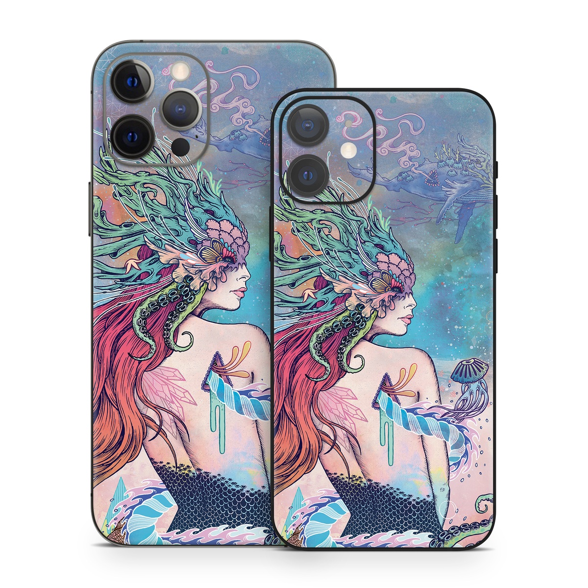 iPhone 12 Skin design of Illustration, Fictional character, Art, Cg artwork, Fiction, Mythology, Painting, Mermaid, with blue, purple, green, red, yellow, pink colors
