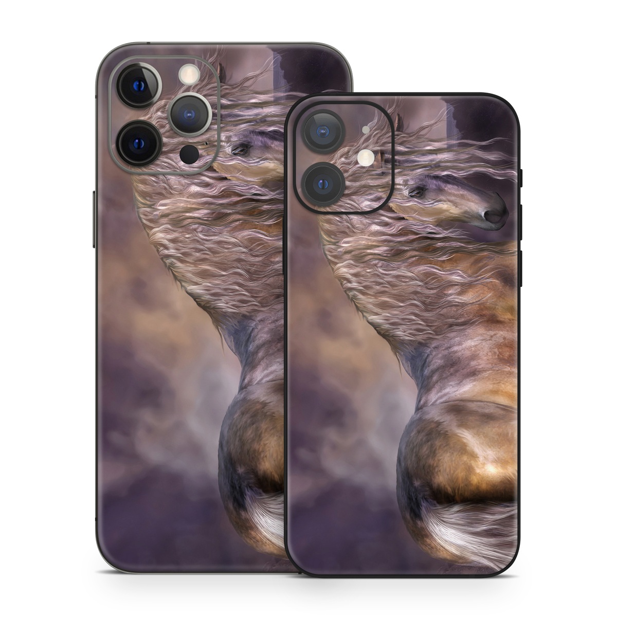iPhone 12 Series Skin design of Horse, Mane, Stallion, Mustang horse, Fictional character, Mare, Painting, Wildlife, Mythical creature, with black, gray, red, blue, green colors