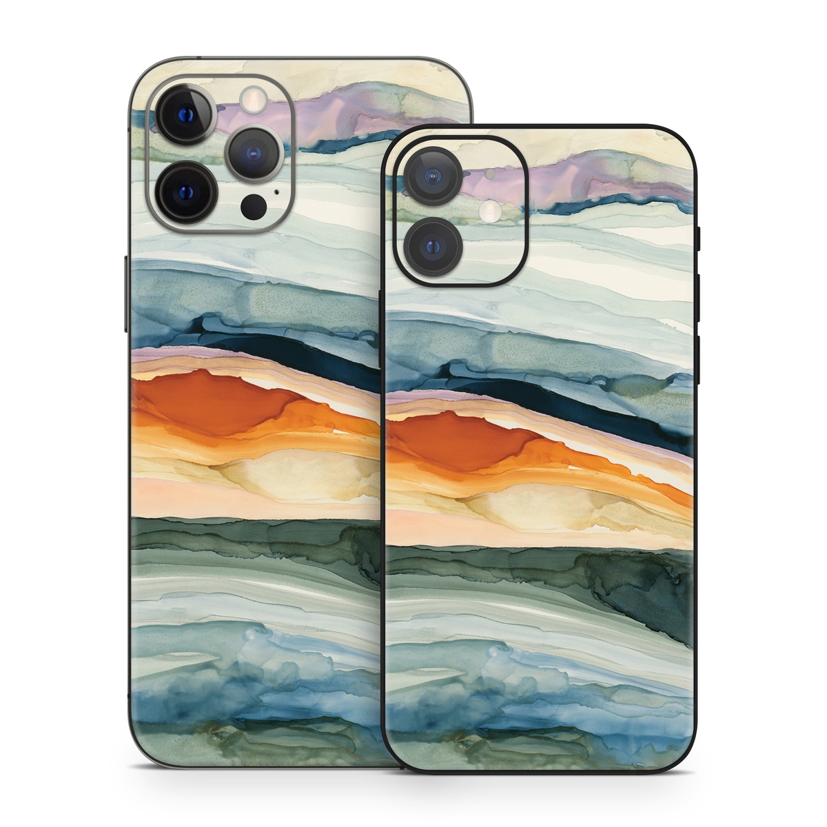 iPhone 12 Skin design of Watercolor paint, Painting, Sky, Wave, Geology, Landscape, Pattern, Acrylic paint, Cloud, Paint with blue, purple, orange, yellow, red, green, brown colors