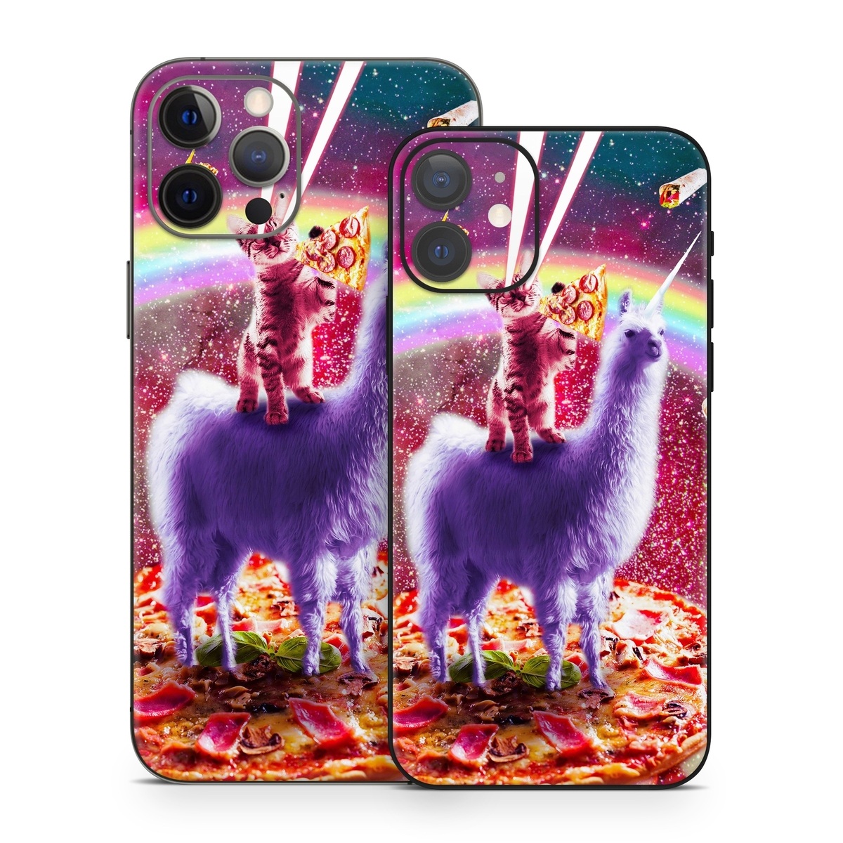iPhone 12 Series Skin design of Llama, Unicorn, Fictional character, Illustration, Graphic design, Livestock, Camelid, Mythical creature, Graphics, Art, with red, white, yellow, gray, purple, blue, green colors