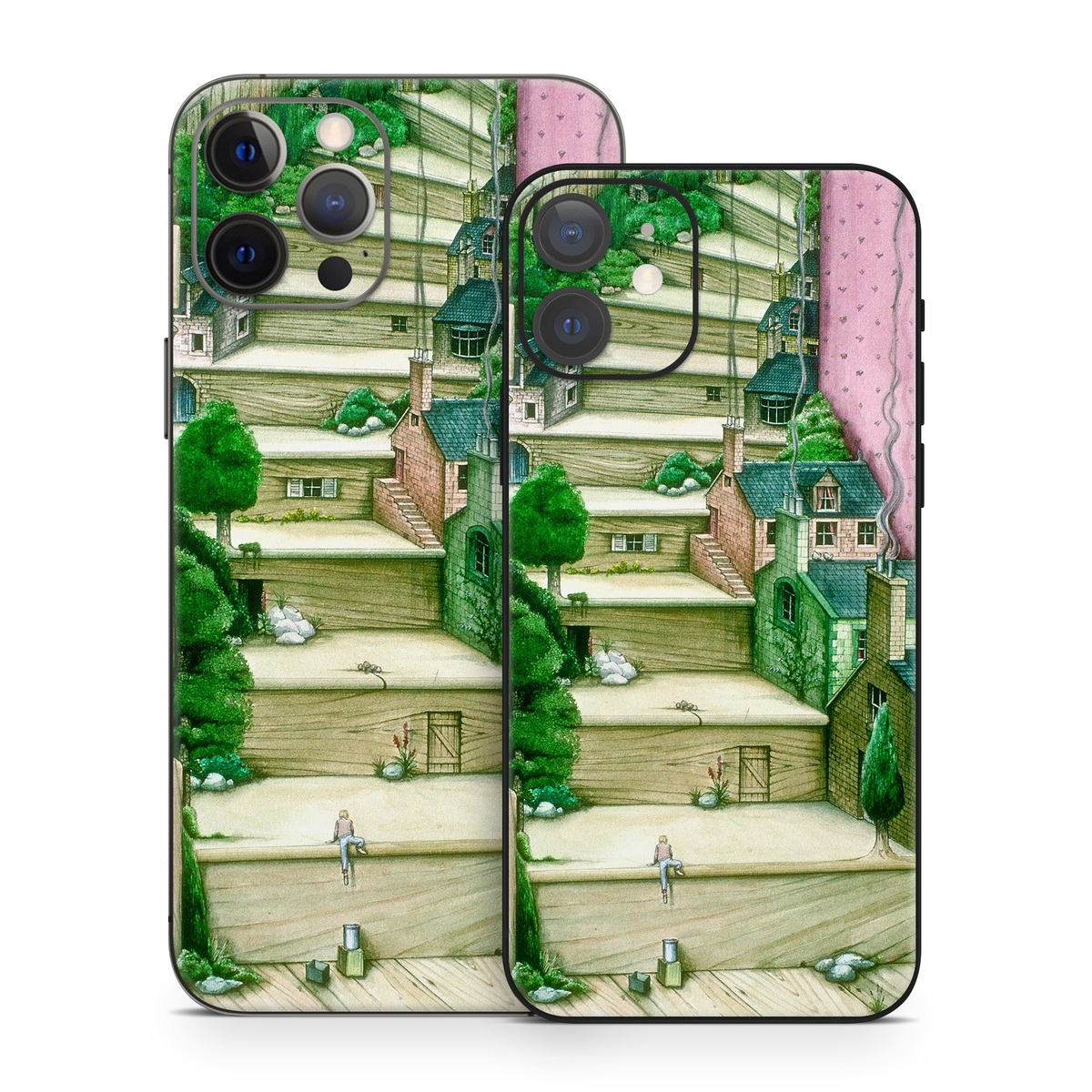iPhone 12 Series Skin design of Green, Stairs, House, Watercolor paint, Home, Illustration, Building, Wood, Plant, Sketch, with pink, green, brown colors