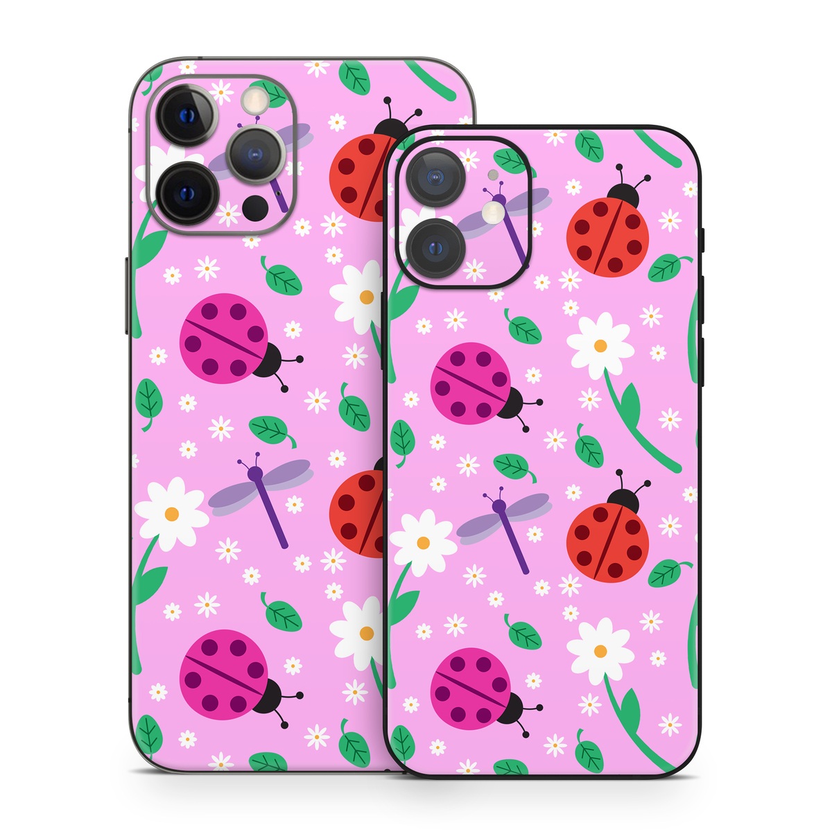 iPhone 12 Series Skin design of Pink, Pattern, Design, Magenta, Clip art, Plant, Visual arts, Ladybug, Child art, Illustration, with pink, white, purple, gray, red, blue colors