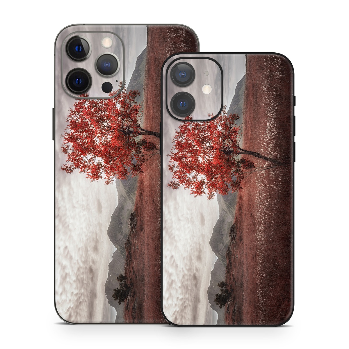 iPhone 12 Series Skin design of Natural landscape, Nature, Tree, Sky, Red, Natural environment, Atmospheric phenomenon, Leaf, Cloud, Woody plant, with black, gray, red colors