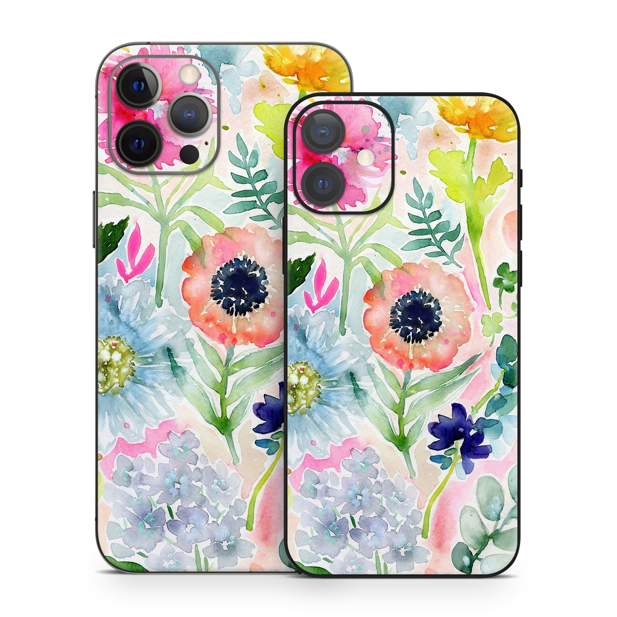 iPhone 12 Series Skin design of Flower, Watercolor paint, Plant, Flowering plant, Pattern, Floral design, Botany, Petal, Wildflower, Design, with green, pink, yellow, orange, blue, red, purple colors