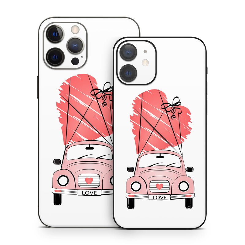 iPhone 12 Series Skin design of Land vehicle, Wheel, Vehicle, Tire, Hood, Automotive lighting, Car, Motor vehicle, Kit car, Cartoon, with white, pink, black, red colors