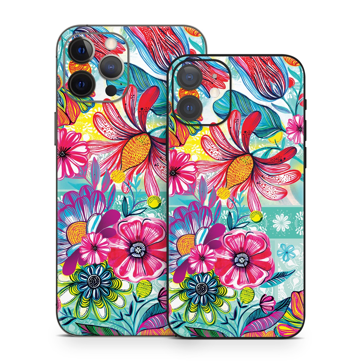 iPhone 12 Series Skin design of Pattern, Floral design, Textile, Pink, Design, Flower, Visual arts, Wildflower, Plant, with blue, pink, purple, red, green, yellow, orange colors