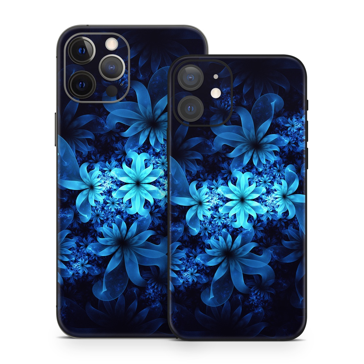 iPhone 12 Series Skin design of Nature, Blue, Petal, Organism, Darkness, Flower, Colorfulness, Electric Blue, Majorelle Blue, Pattern, Botany, Still Life Photography, Space, Aquatic Plant, Fractal Art, Visual Arts, Illustration, Symmetry, Midnight, Wildflower, Painting, Still Life, with black, blue, white colors