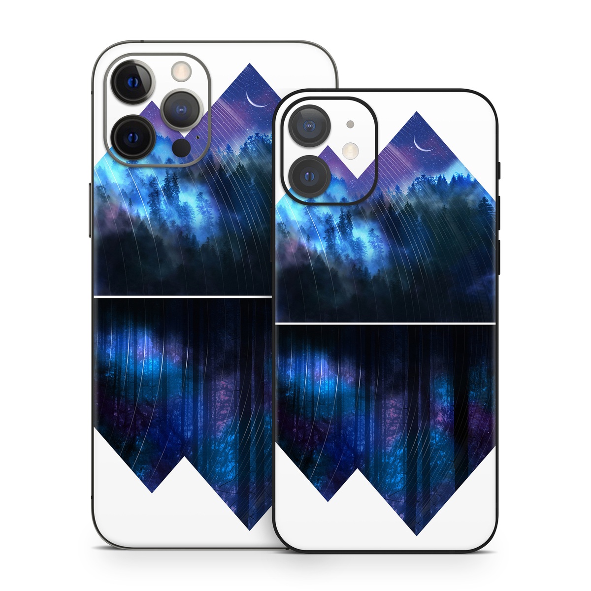 iPhone 12 Series Skin design of Blue, Cobalt blue, Pyramid, Pattern, Electric blue, Design, Fractal art, Sky, Triangle, Space, with white, blue, purple, black colors