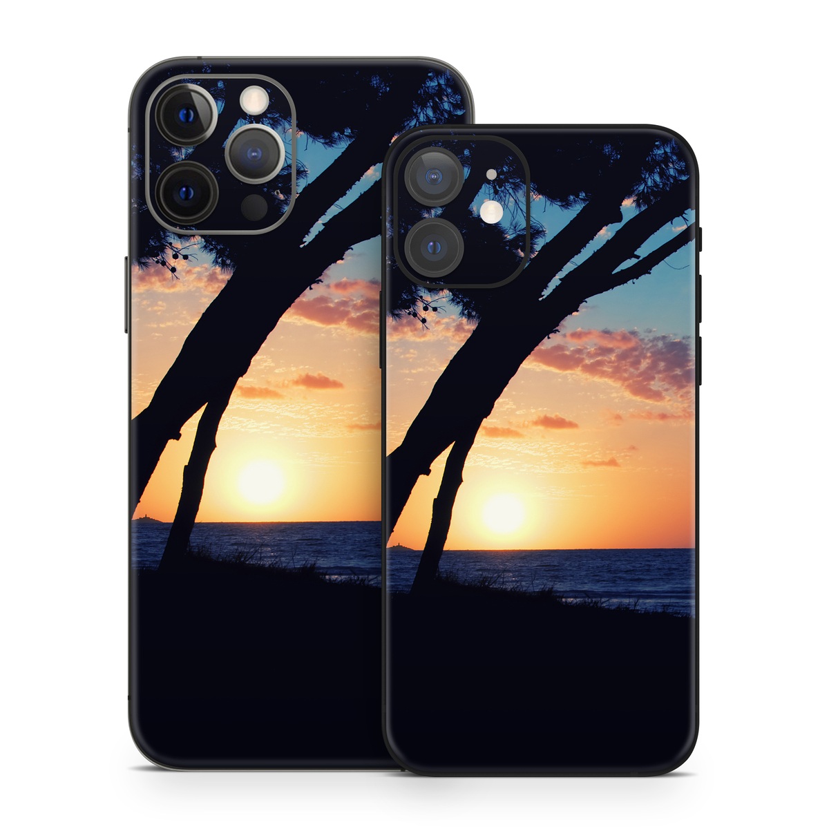 iPhone 12 Skin design of Sky, Horizon, Nature, Tree, Sunset, Sunrise, Ocean, Sea, Natural landscape, Afterglow with black, gray, blue, green, red, pink colors