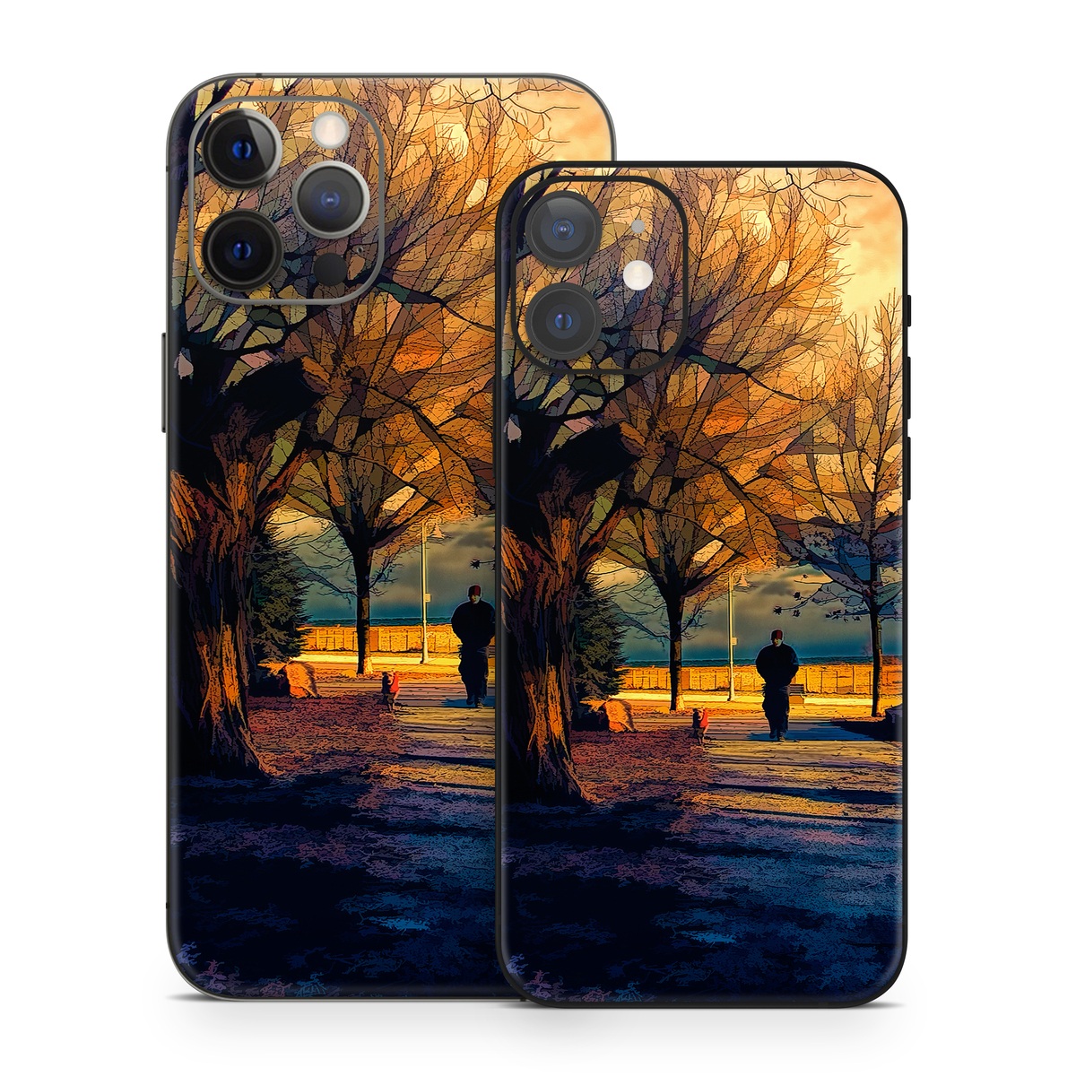 iPhone 12 Series Skin design of Sky, Nature, Natural landscape, Tree, Cloud, Sunset, Evening, Morning, Sunrise, Horizon, with black, brown, yellow, orange, blue colors
