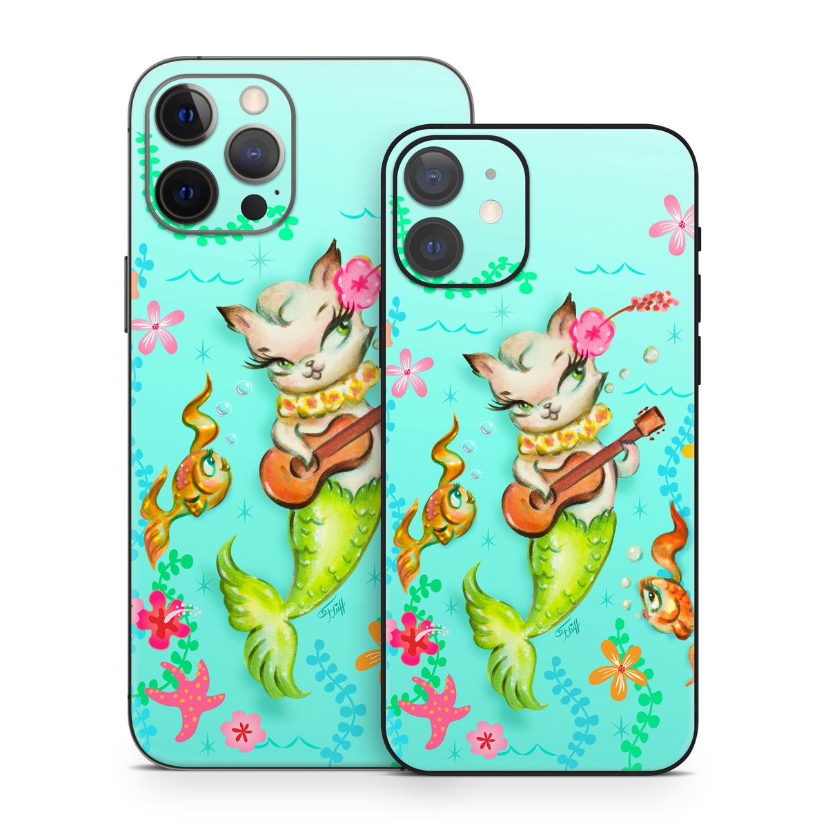 iPhone 12 Series Skin design of Fictional character, Illustration, Mermaid, Mythical creature, Clip art, Art, with blue, green, pink, yellow, orange, white, gray, brown colors