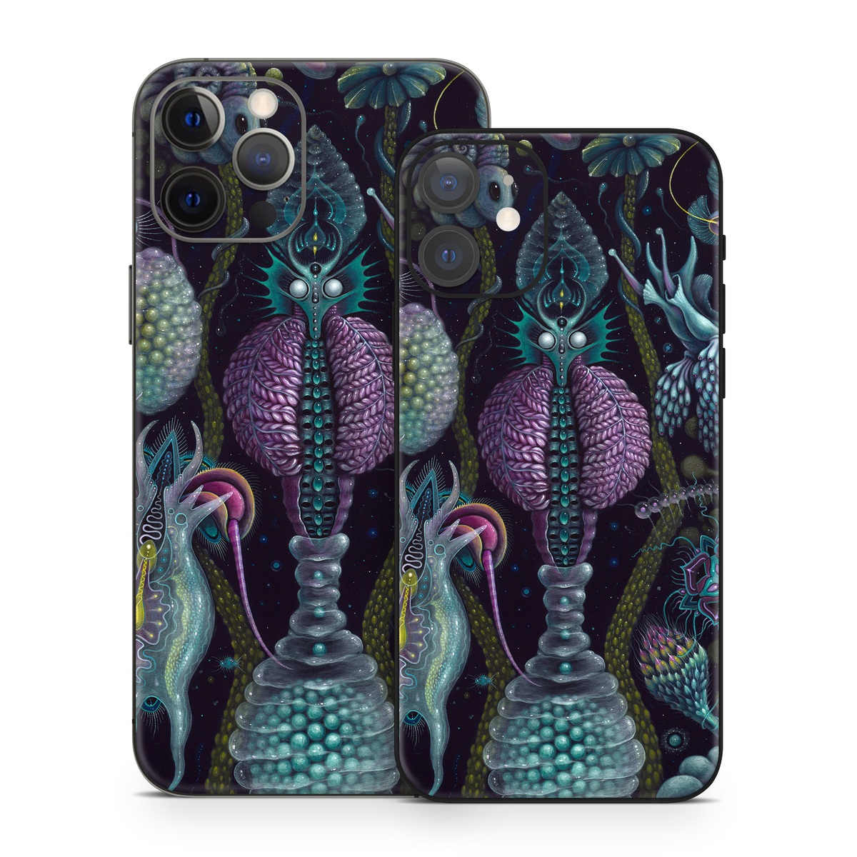 iPhone 12 Series Skin design of Organism, Pattern, Art, Illustration, Fractal art, Psychedelic art, Design, Visual arts, Plant, Modern art, with black, green, purple, pink, yellow, blue colors