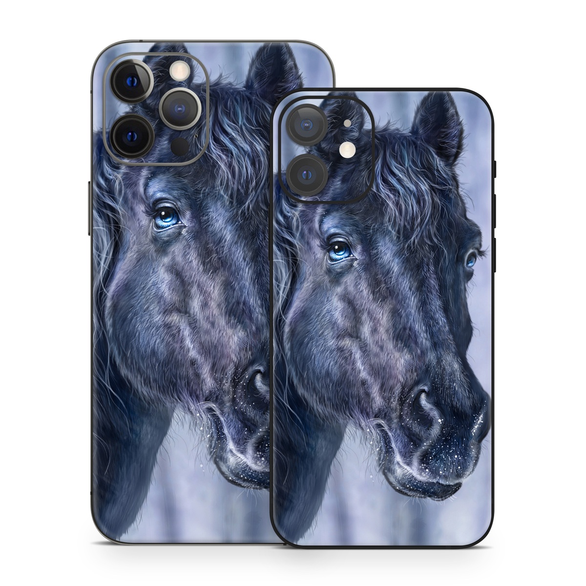 iPhone 12 Series Skin design of Horse, Mammal, Vertebrate, Hair, Mane, Stallion, Snout, Mare, Mustang horse, Livestock, with black, white, blue colors