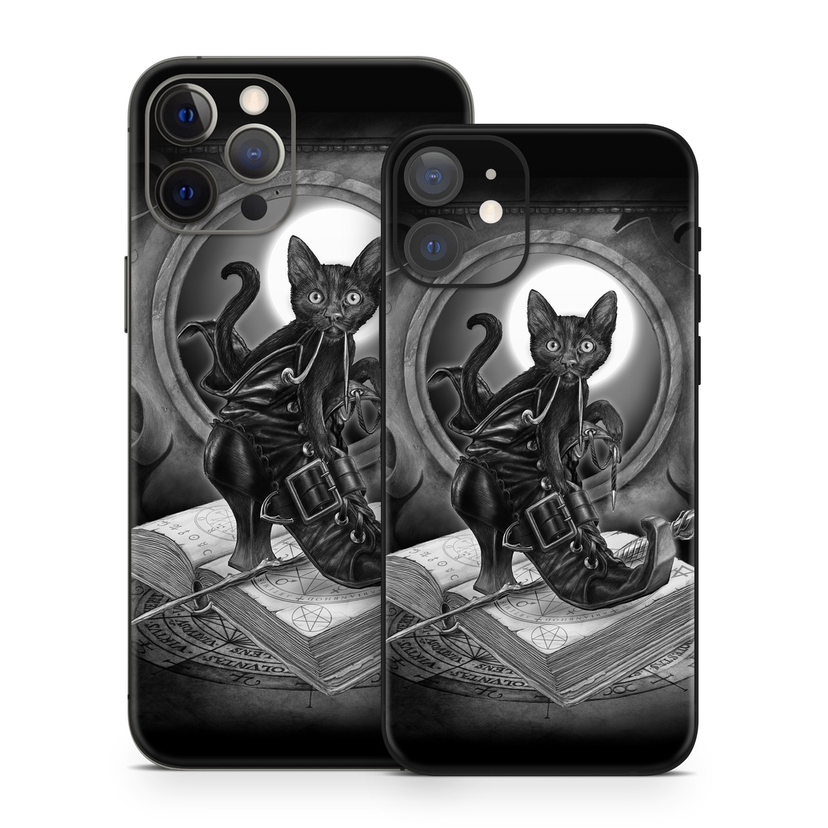 iPhone 12 Series Skin design of Cat, Boot, Book, Wand, Shoelace, Mirror, with black, white, gray colors